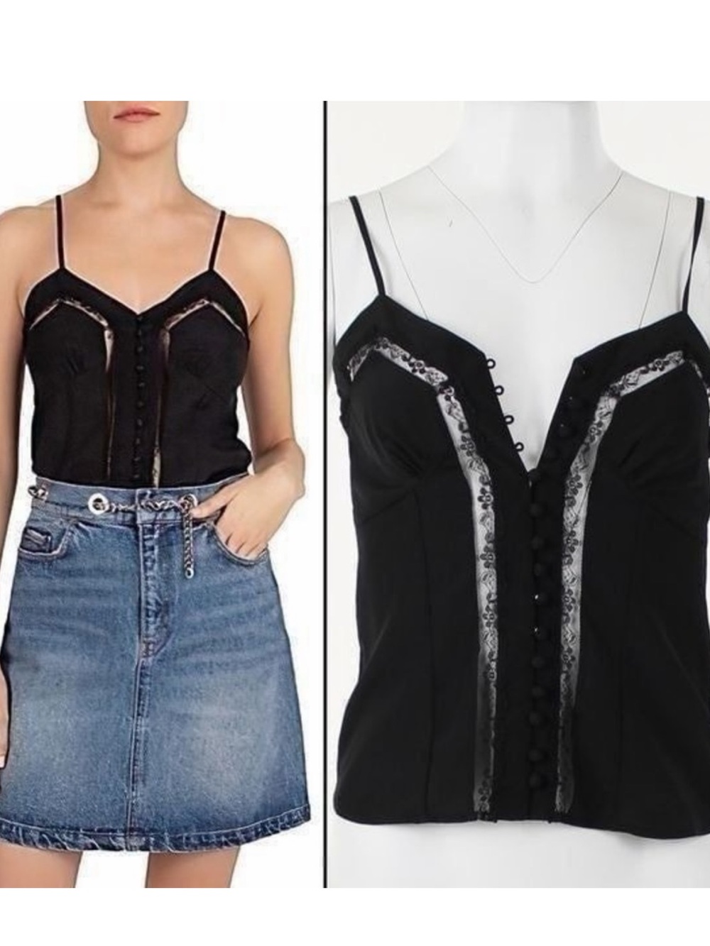 The Kooples Black Lace-Trim Bustier Cami Top
